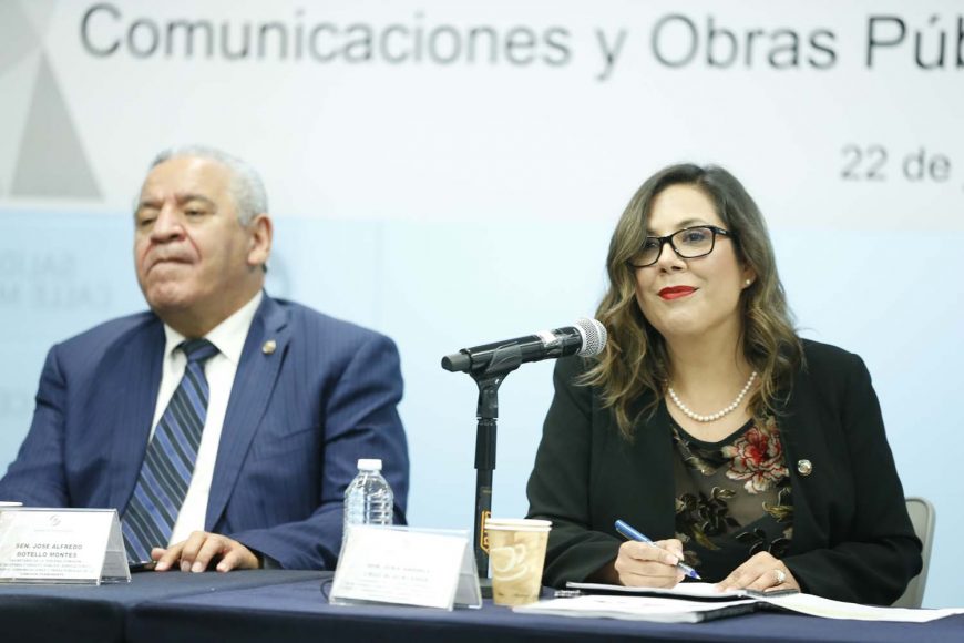 La senadora Gina Andrea Cruz Blackkledge, al presidir la reunión de trabajo de la Primera Comisión de la Permanente. En ella participó el senador del PAN José Alfredo Botello Montes.