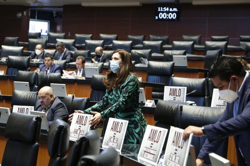 Senadora Kenia López Rabadán, muestra pancarta durante la sesión de la Comisión Permanente